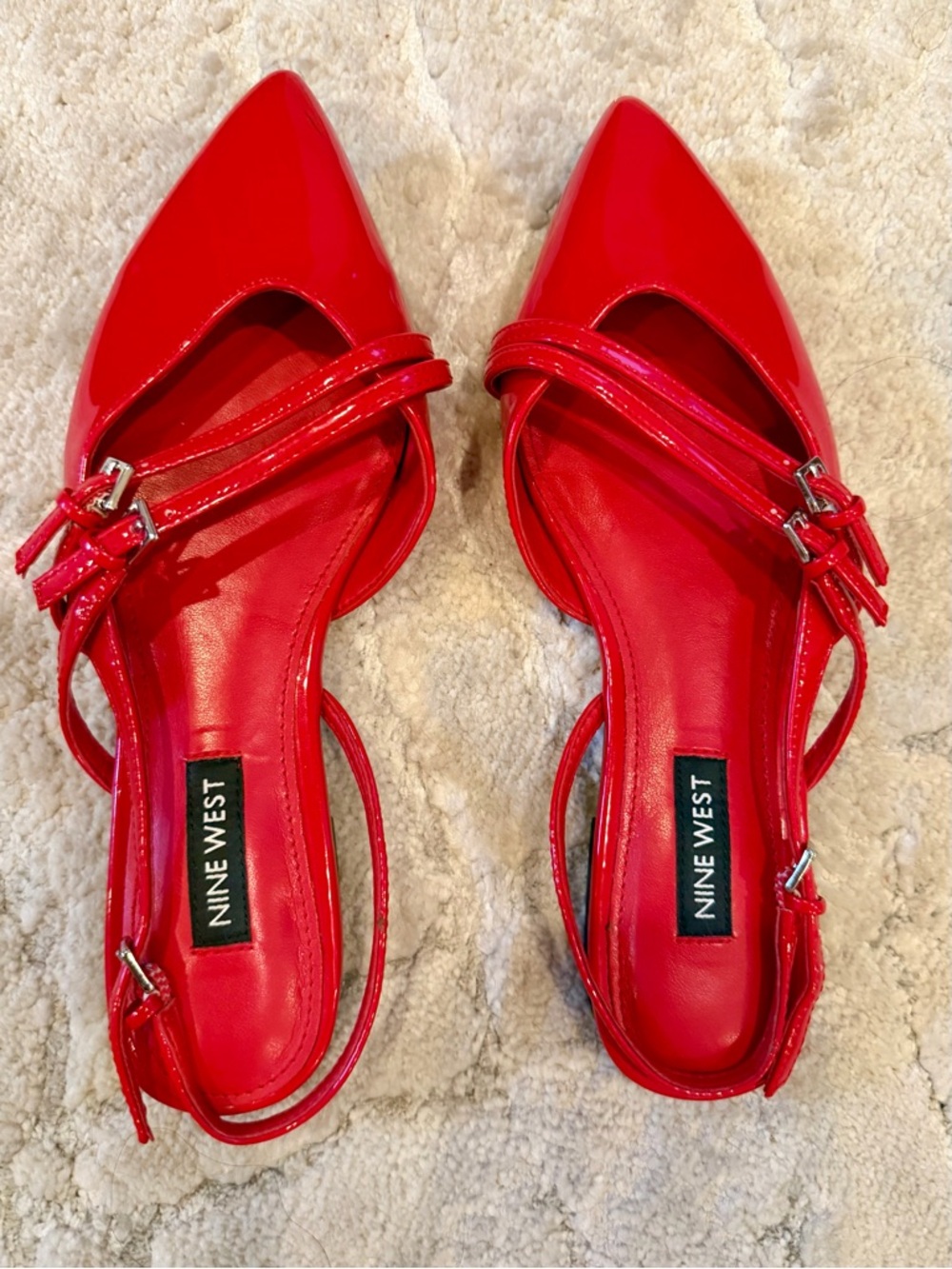 Nine West Red Patent Pointed Slingback Flats with Double Straps